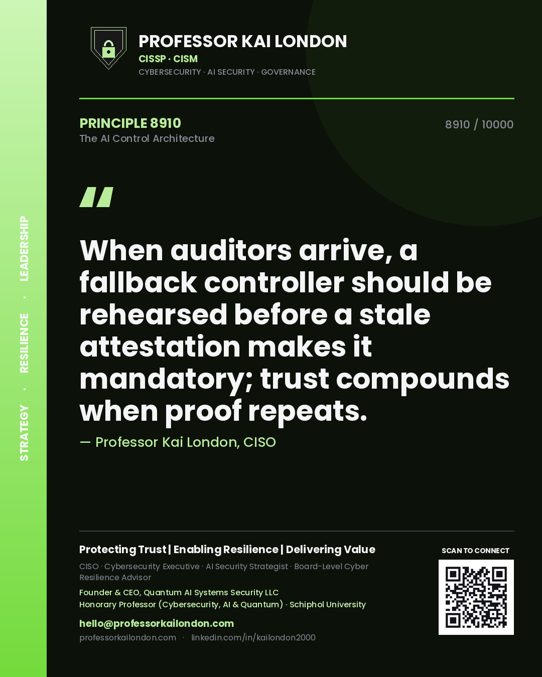 Professor Kai London principle 8910: When auditors arrive, a fallback controller should be rehearsed before a stale attestation makes it mandatory; trust compounds when proof repeats.