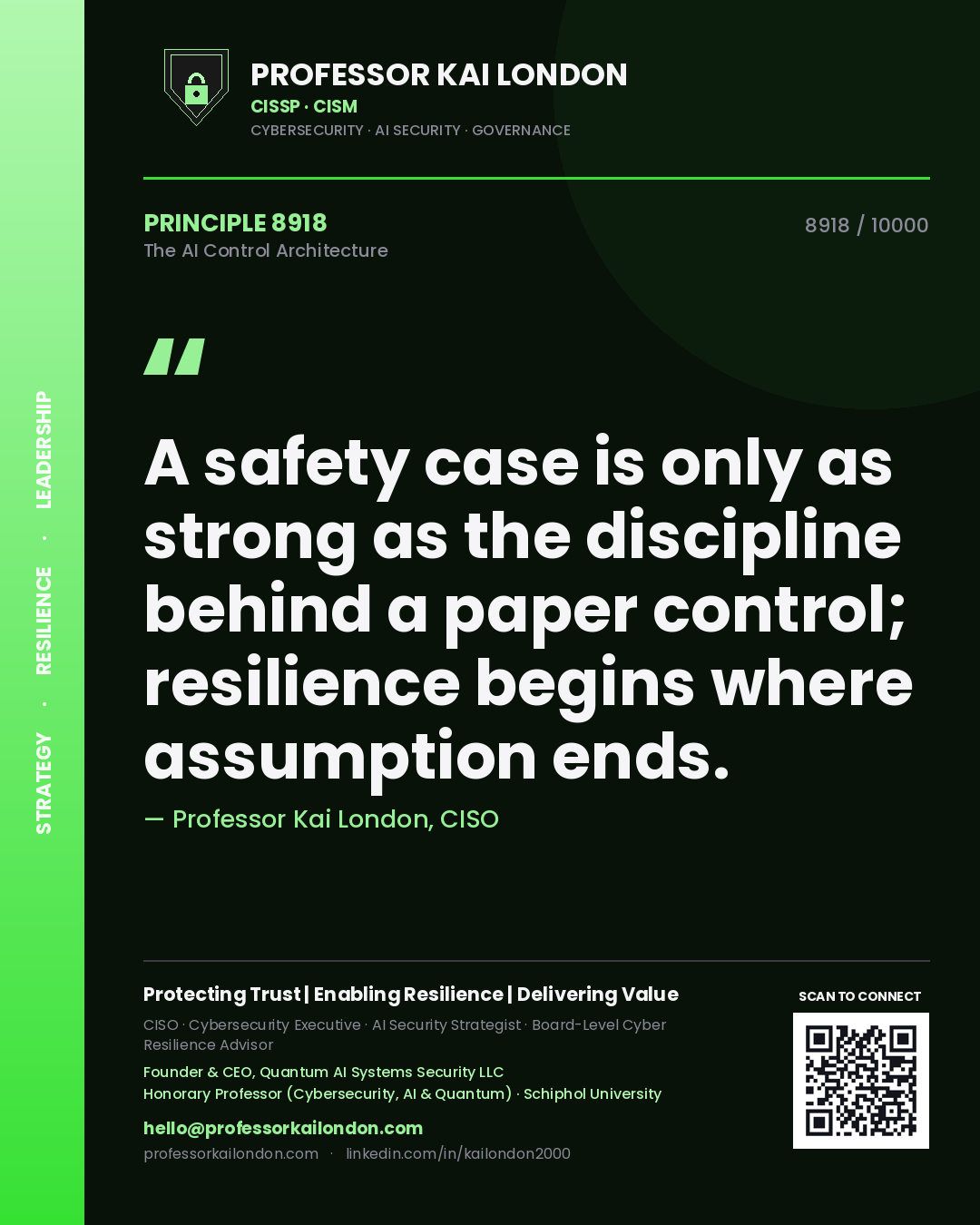Quote card by Professor Kai London reading 'A safety case is only as strong as the discipline behind a paper control; resilience begins where assumption ends.'. From the book The AI Control Architecture.