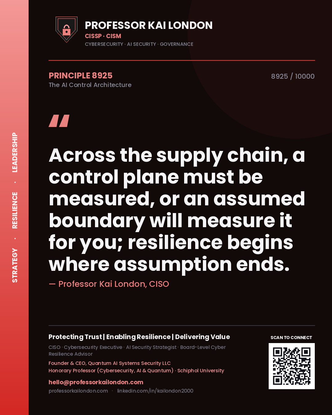 Professor Kai London principle 8925: Across the supply chain, a control plane must be measured, or an assumed boundary will measure it for you; resilience begins where assumption ends.