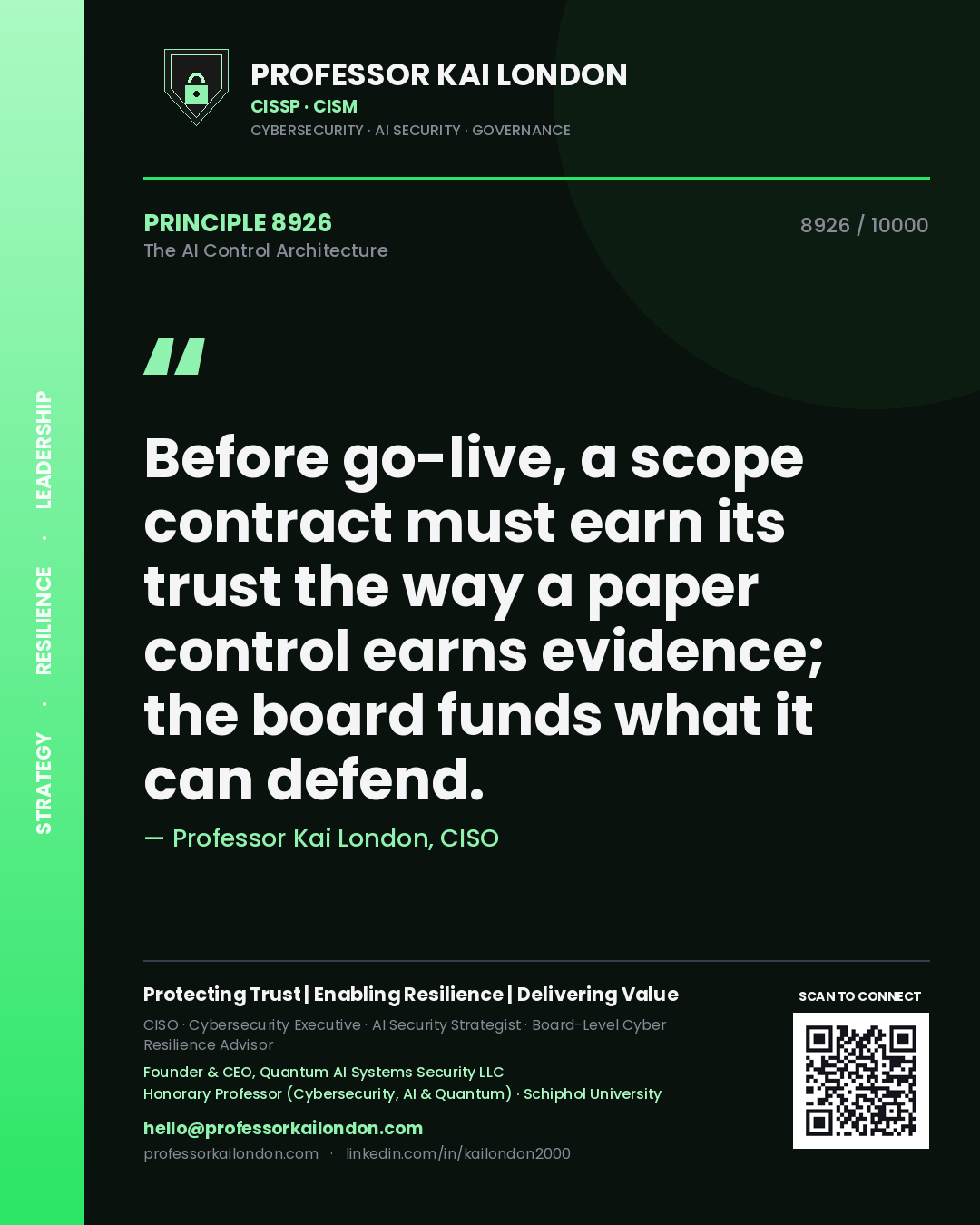 Professor Kai London principle 8926: Before go-live, a scope contract must earn its trust the way a paper control earns evidence; the board funds what it can defend.
