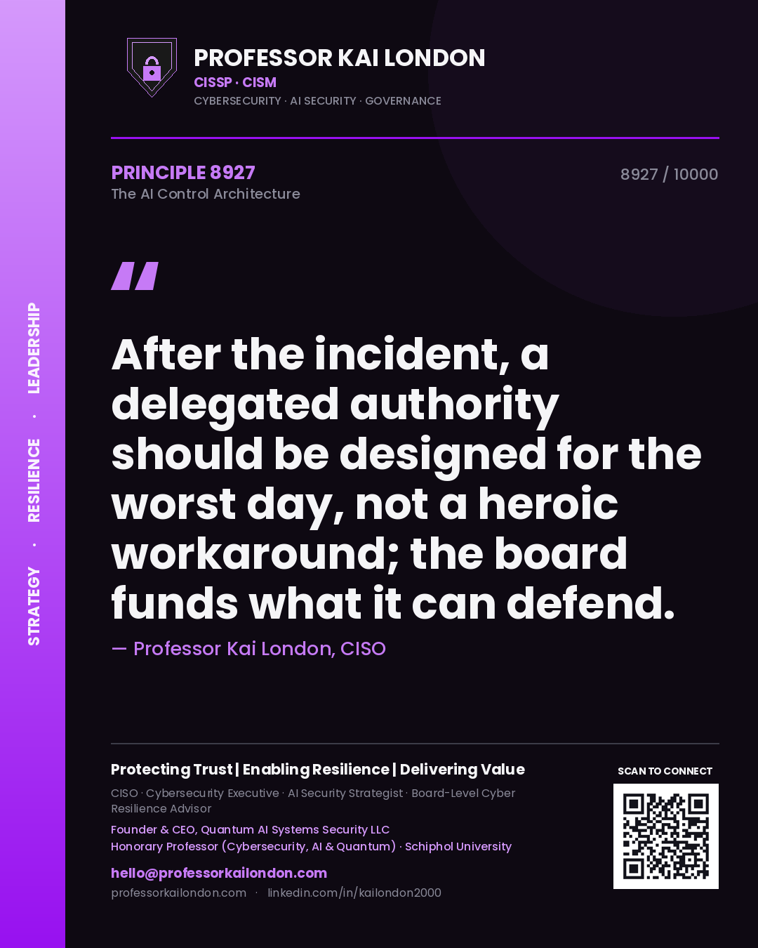 Professor Kai London principle 8927: After the incident, a delegated authority should be designed for the worst day, not a heroic workaround; the board funds what it can defend.
