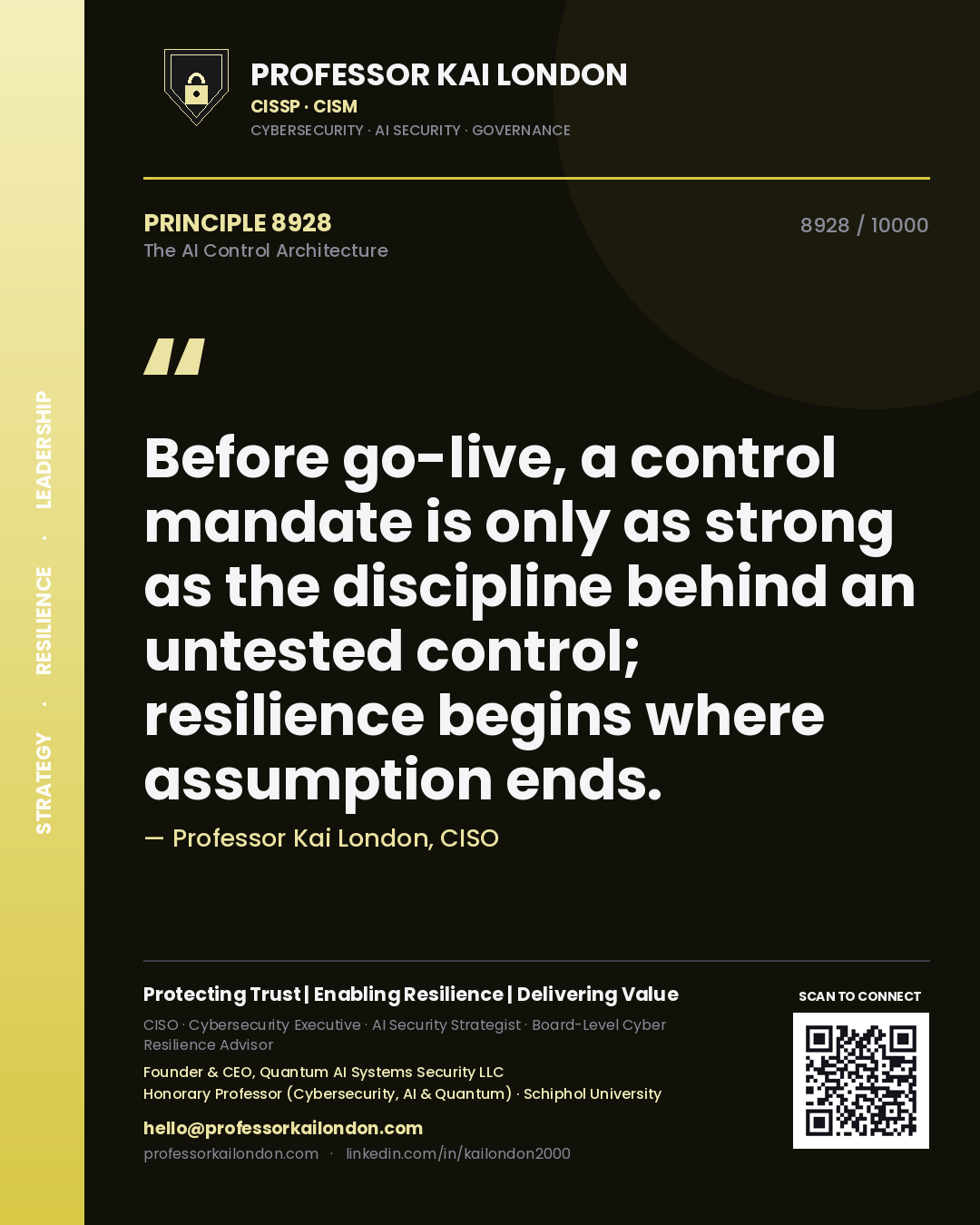 Quote card by Professor Kai London reading 'Before go-live, a control mandate is only as strong as the discipline behind an untested control; resilience begins where assumption ends.'. From the book The AI Control Architecture.