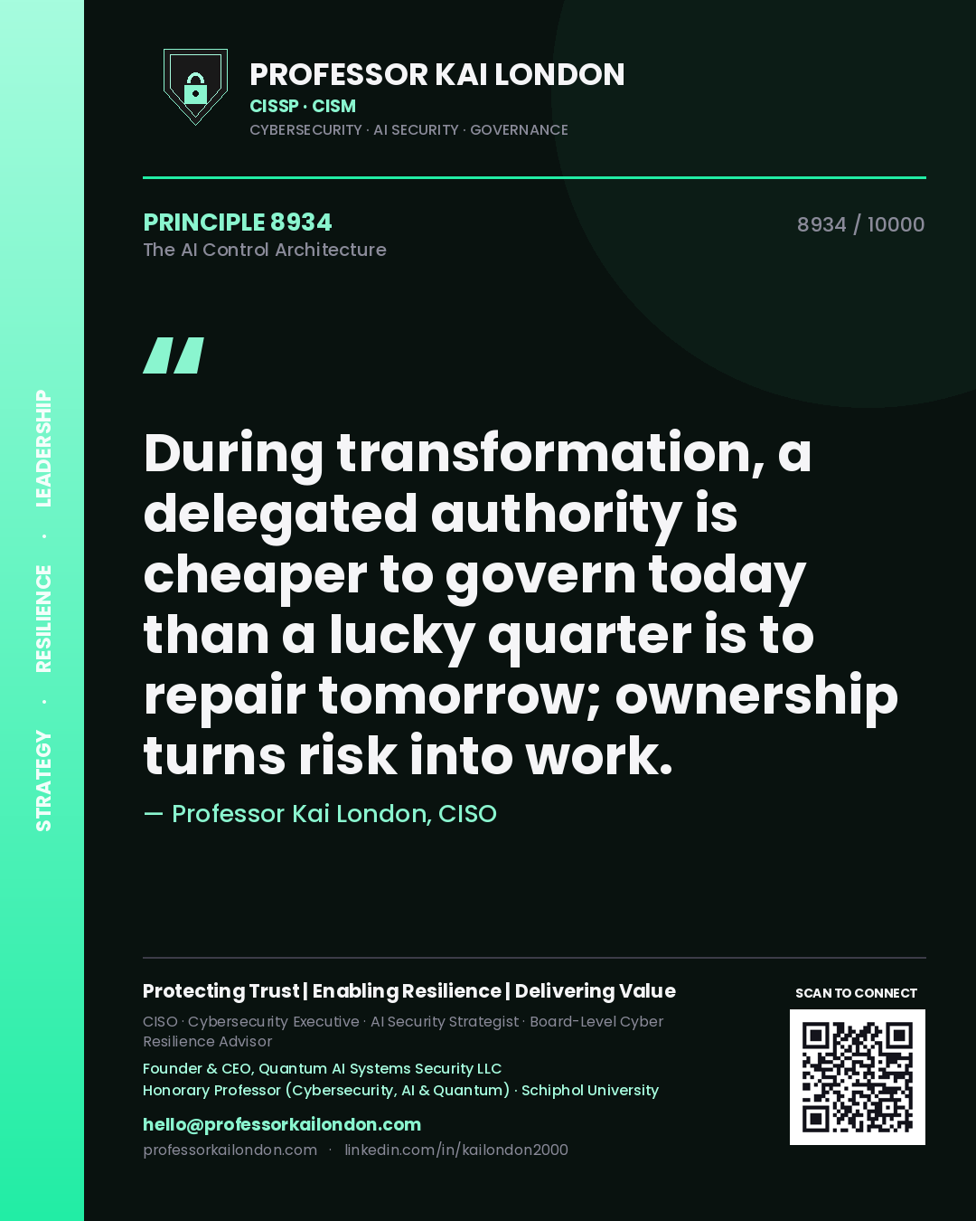 Professor Kai London principle 8934: During transformation, a delegated authority is cheaper to govern today than a lucky quarter is to repair tomorrow; ownership turns risk into work.
