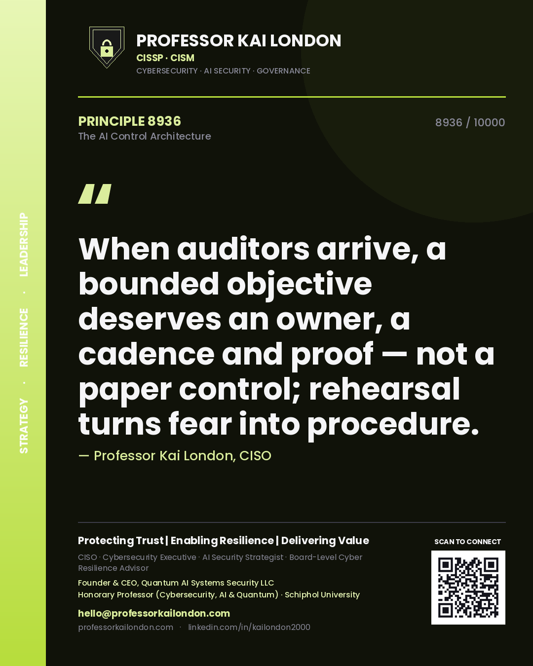 Professor Kai London principle 8936: When auditors arrive, a bounded objective deserves an owner, a cadence and proof — not a paper control; rehearsal turns fear into procedure.