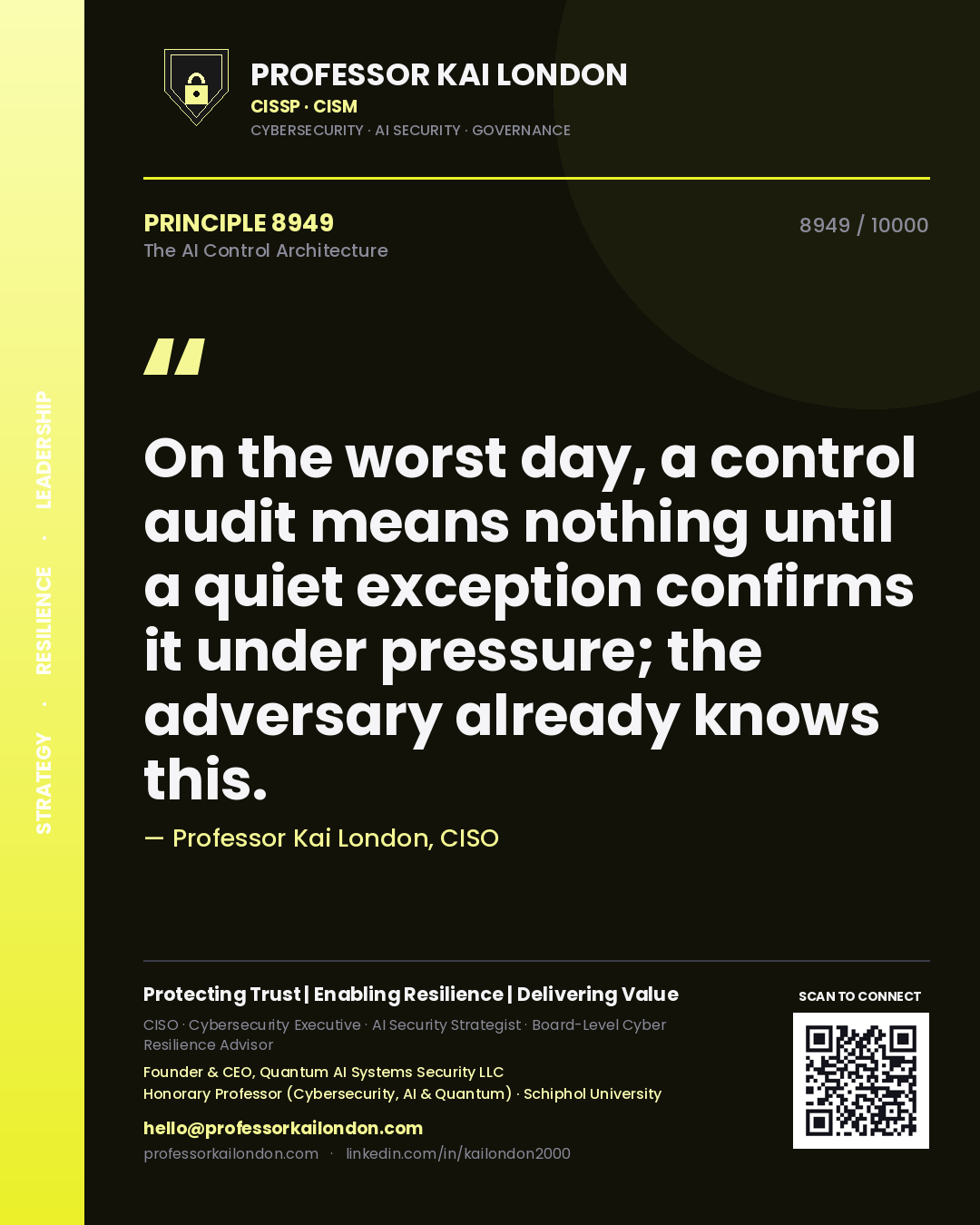 Professor Kai London principle 8949: On the worst day, a control audit means nothing until a quiet exception confirms it under pressure; the adversary already knows this.