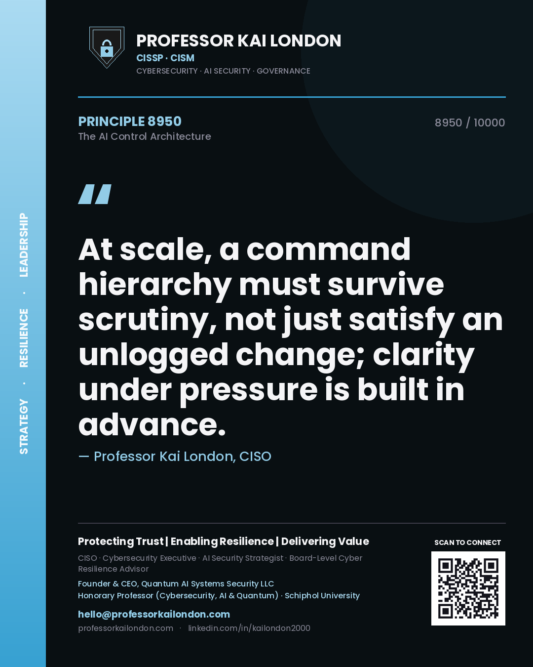 Professor Kai London principle 8950: At scale, a command hierarchy must survive scrutiny, not just satisfy an unlogged change; clarity under pressure is built in advance.