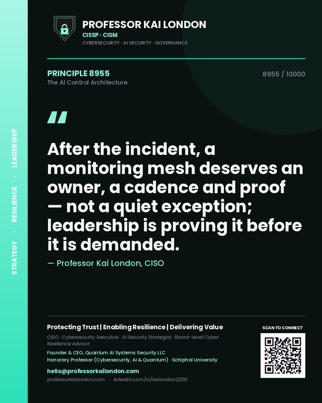 Professor Kai London principle 8955: After the incident, a monitoring mesh deserves an owner, a cadence and proof — not a quiet exception; leadership is proving it before it is demanded.