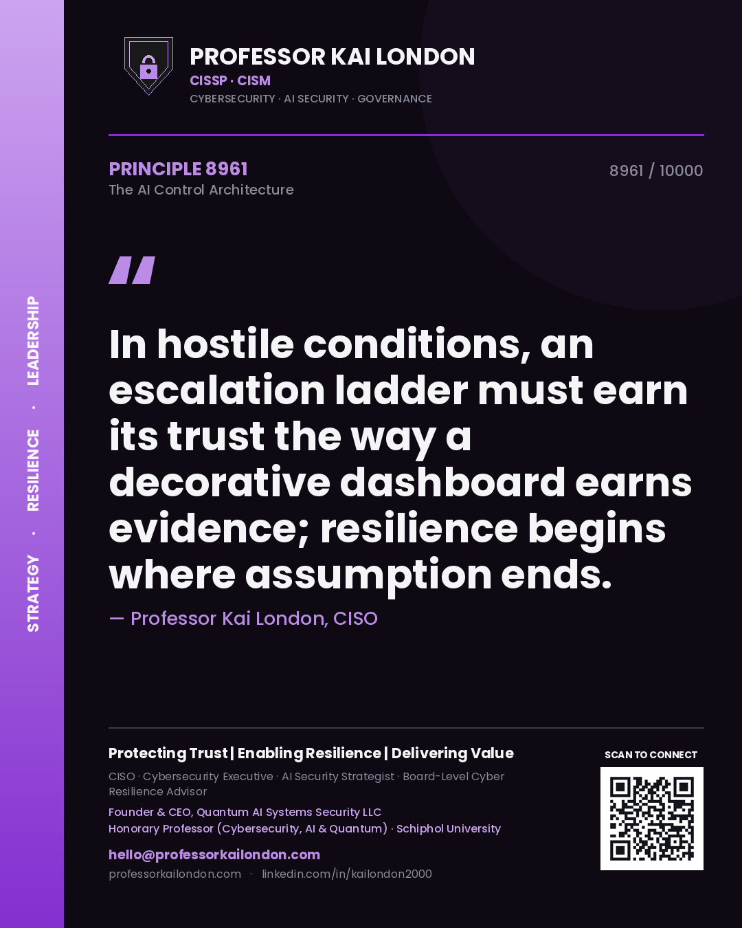 Professor Kai London principle 8961: In hostile conditions, an escalation ladder must earn its trust the way a decorative dashboard earns evidence; resilience begins where assumption ends.
