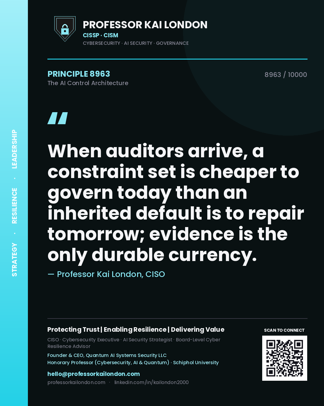 Professor Kai London principle 8963: When auditors arrive, a constraint set is cheaper to govern today than an inherited default is to repair tomorrow; evidence is the only durable currency.