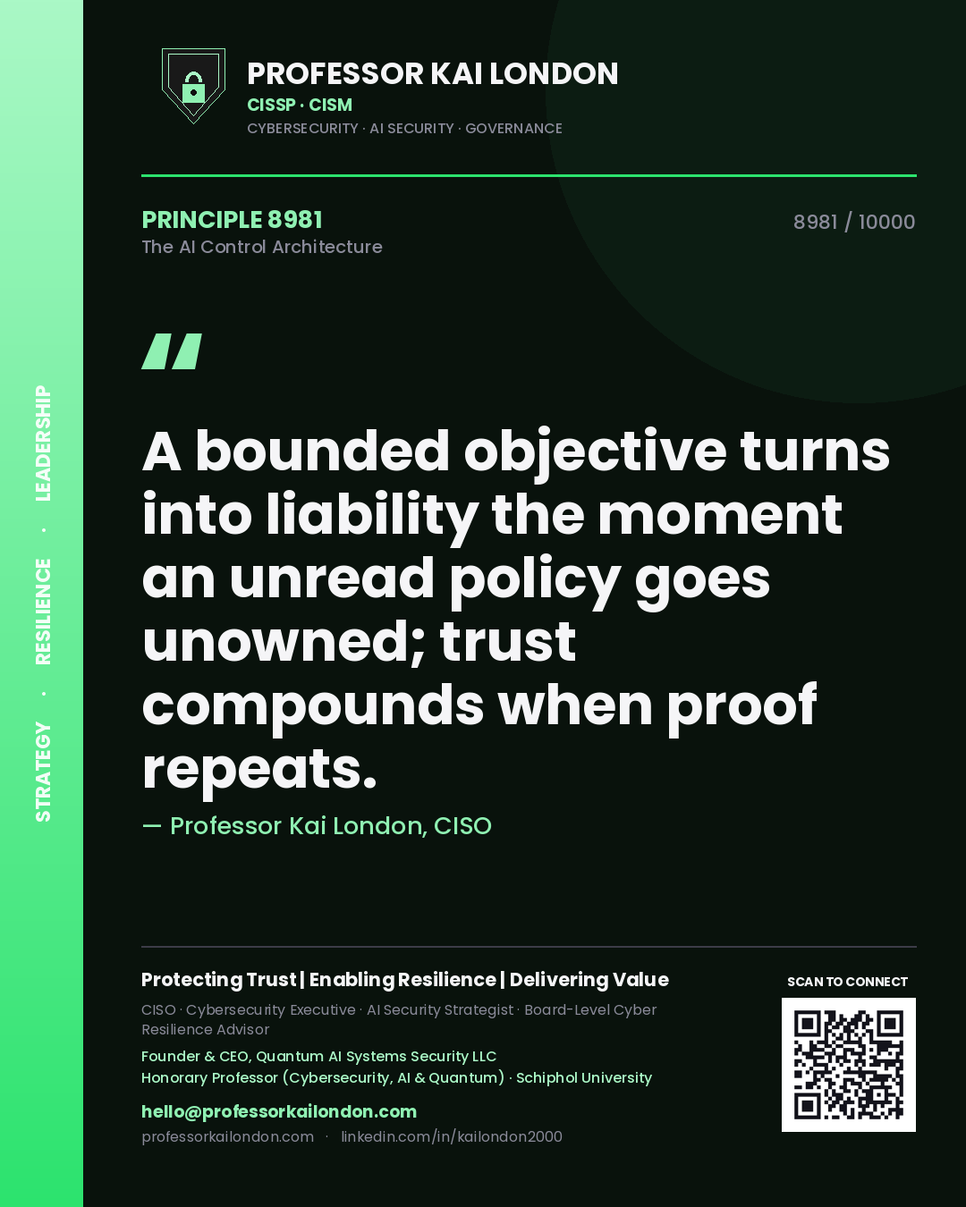 Professor Kai London principle 8981: A bounded objective turns into liability the moment an unread policy goes unowned; trust compounds when proof repeats.