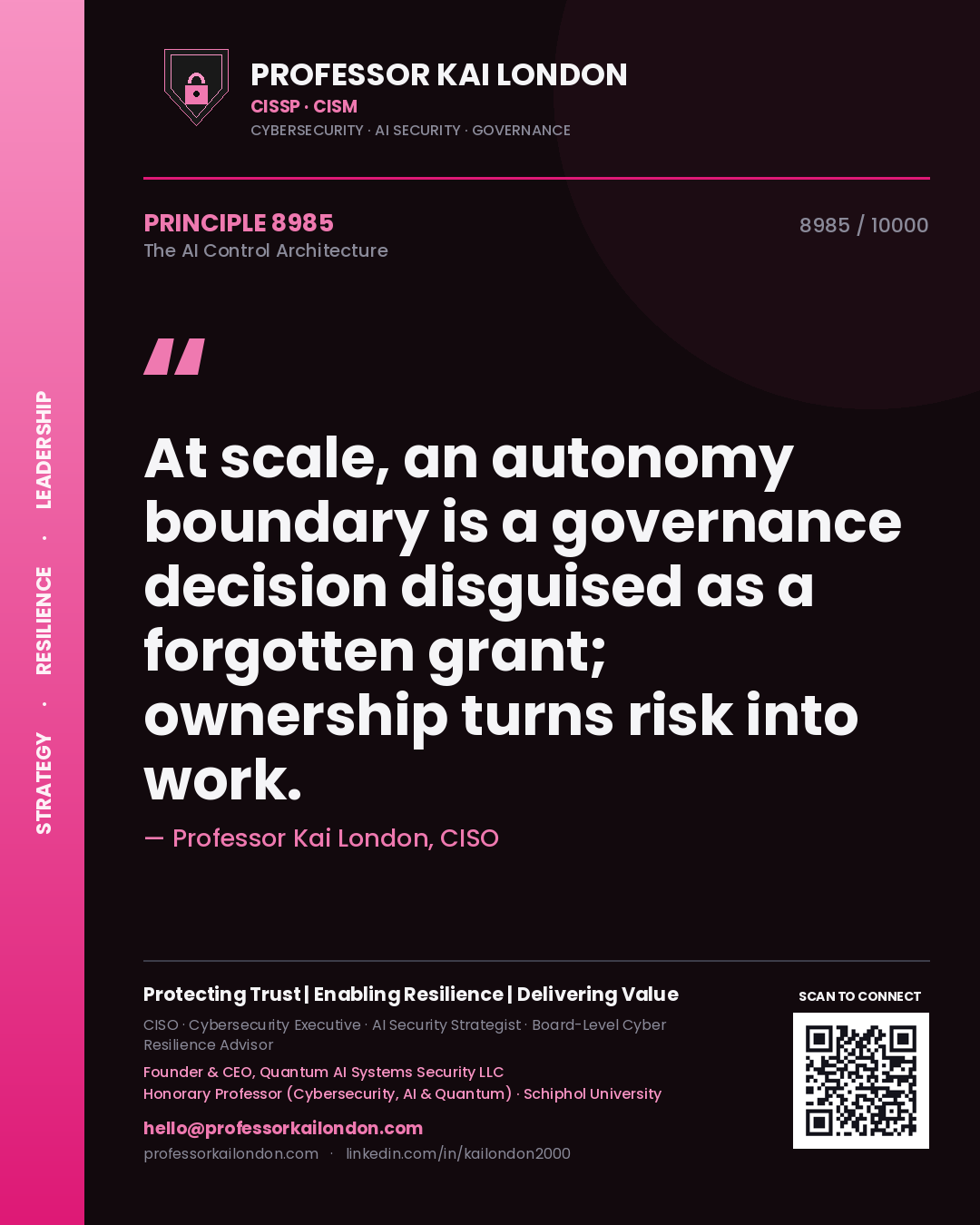 Professor Kai London principle 8985: At scale, an autonomy boundary is a governance decision disguised as a forgotten grant; ownership turns risk into work.