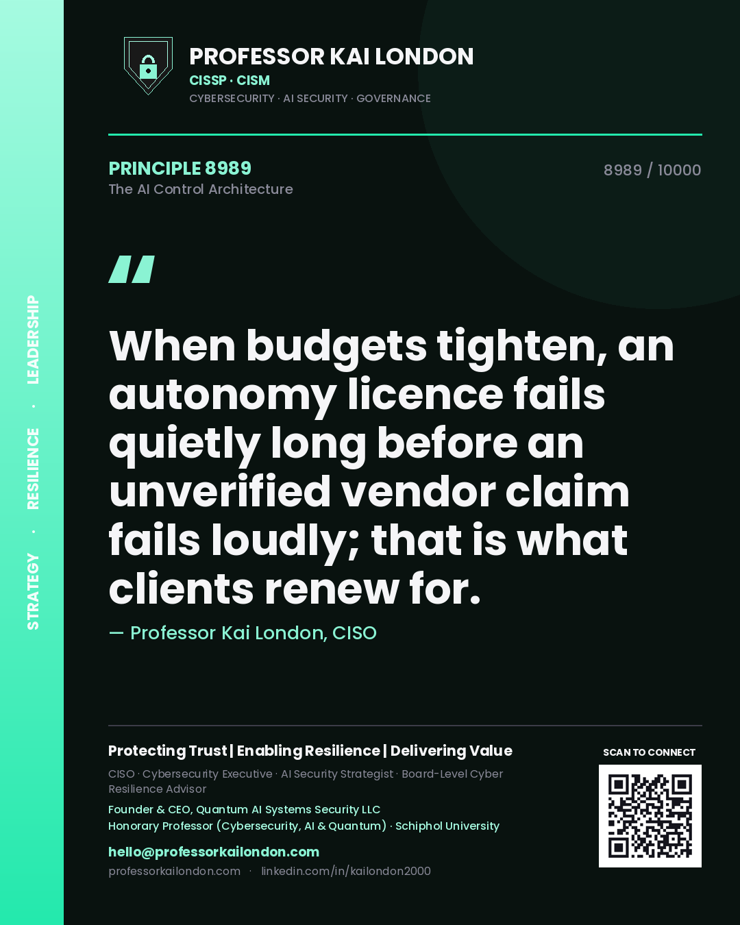 Quote card by Professor Kai London reading 'When budgets tighten, an autonomy licence fails quietly long before an unverified vendor claim fails loudly; that is what clients renew for.'. From the book The AI Control Architecture.