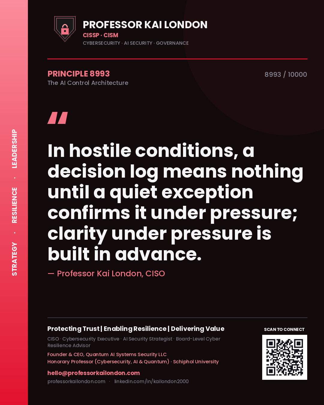 Professor Kai London principle 8993: In hostile conditions, a decision log means nothing until a quiet exception confirms it under pressure; clarity under pressure is built in advance.