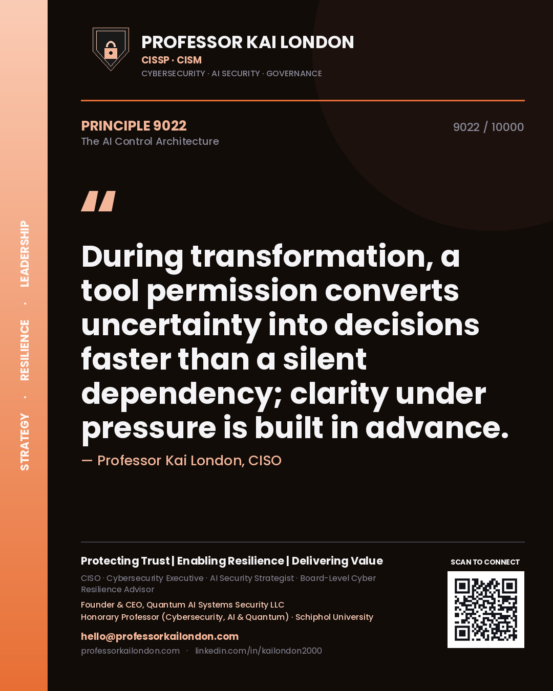 Quote card by Professor Kai London reading 'During transformation, a tool permission converts uncertainty into decisions faster than a silent dependency; clarity under pressure is built in advance.'. From the book The AI Control Architecture.