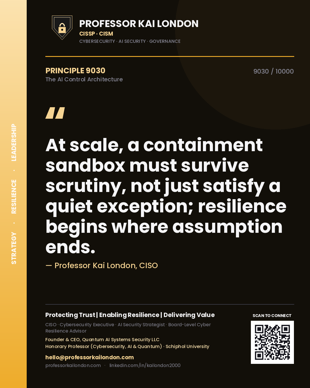 Quote card by Professor Kai London reading 'At scale, a containment sandbox must survive scrutiny, not just satisfy a quiet exception; resilience begins where assumption ends.'. From the book The AI Control Architecture.