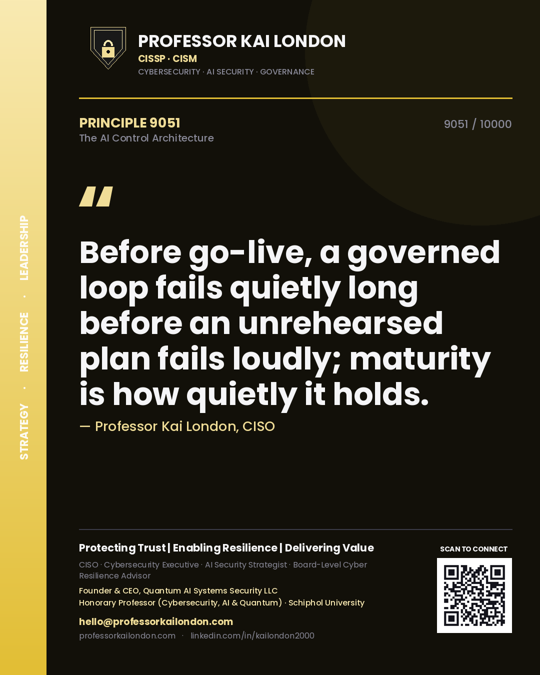 Quote card by Professor Kai London reading 'Before go-live, a governed loop fails quietly long before an unrehearsed plan fails loudly; maturity is how quietly it holds.'. From the book The AI Control Architecture.