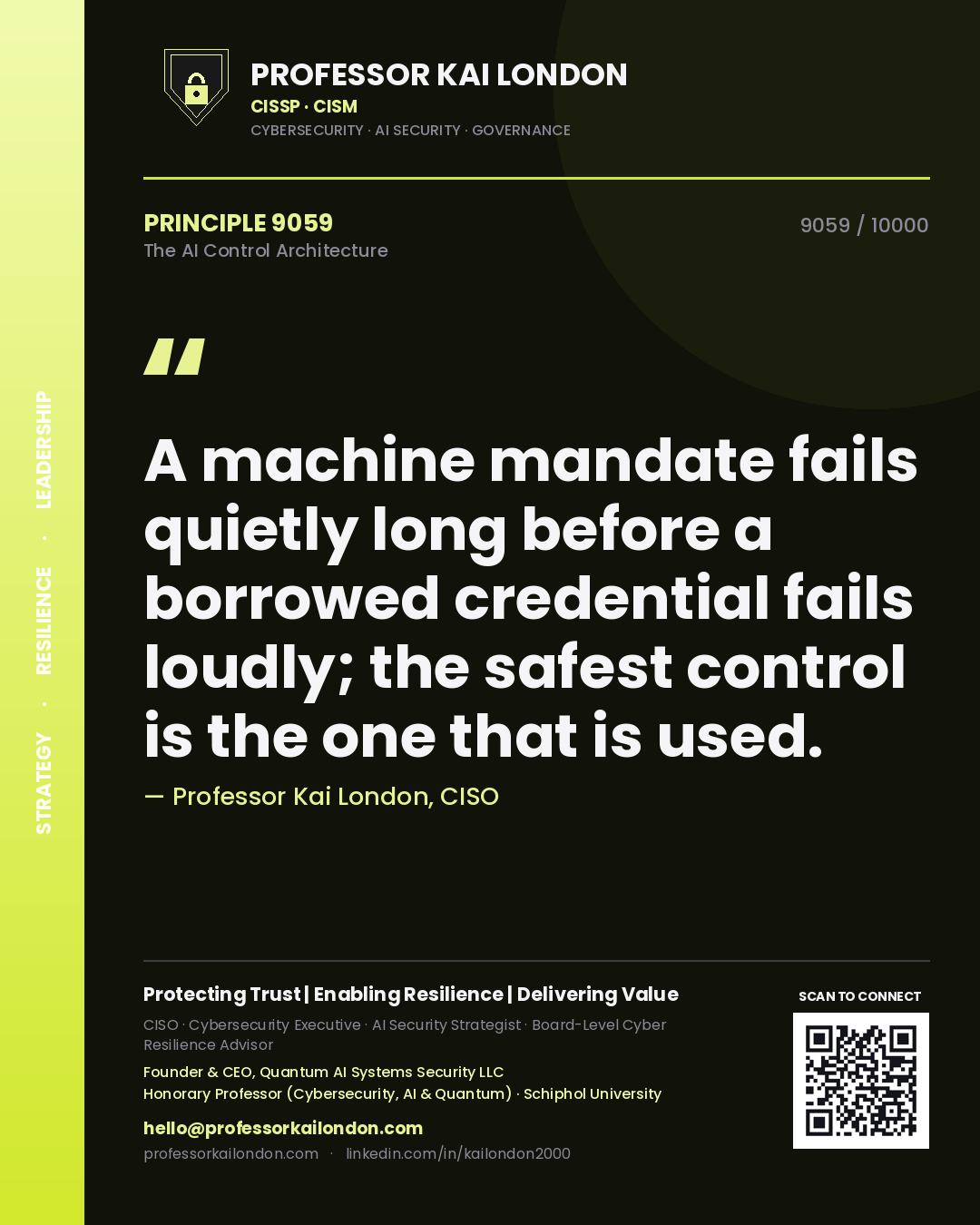Quote card by Professor Kai London reading 'A machine mandate fails quietly long before a borrowed credential fails loudly; the safest control is the one that is used.'. From the book The AI Control Architecture.