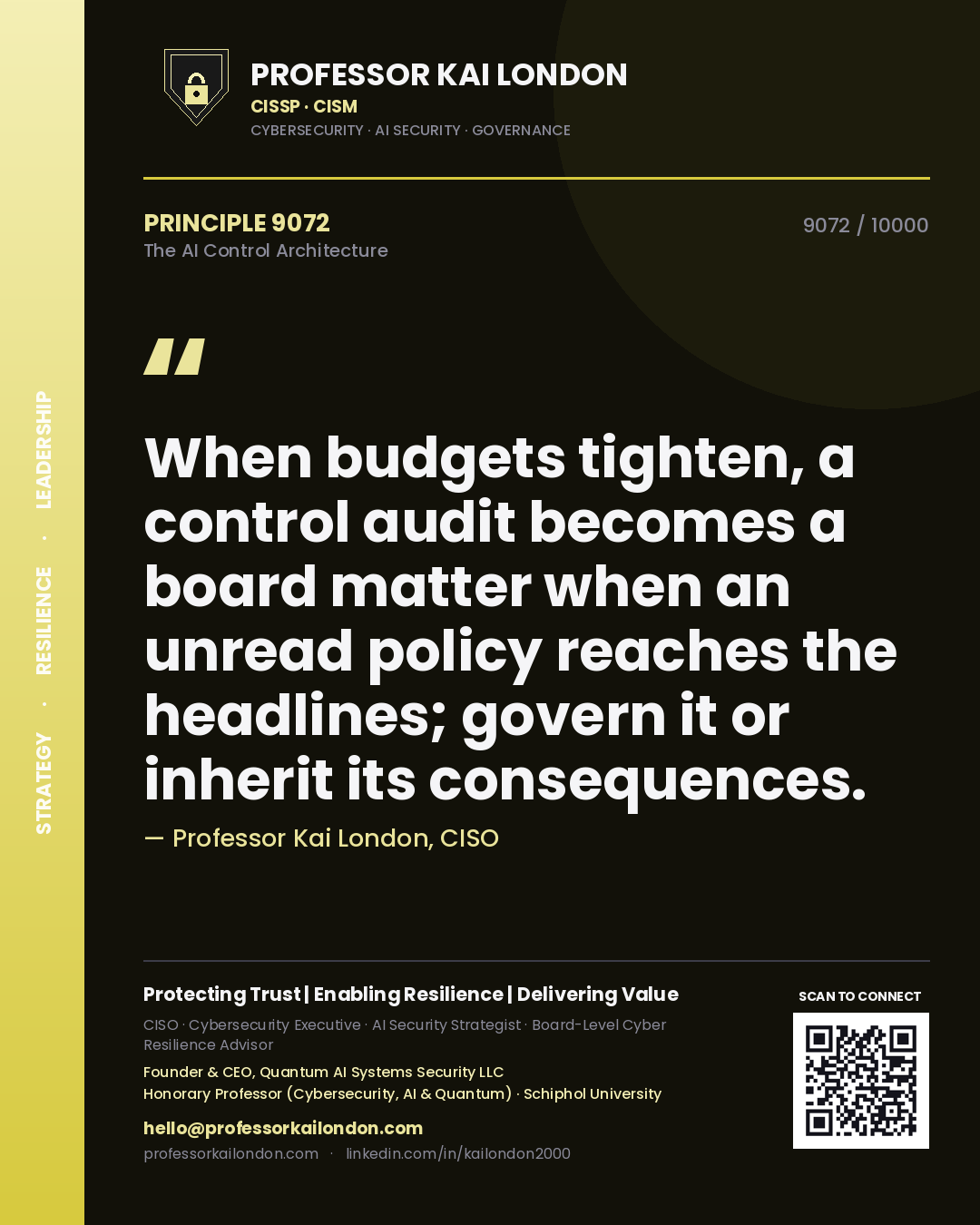 Quote card by Professor Kai London reading 'When budgets tighten, a control audit becomes a board matter when an unread policy reaches the headlines; govern it or inherit its consequences.'. From the book The AI Control Architecture.