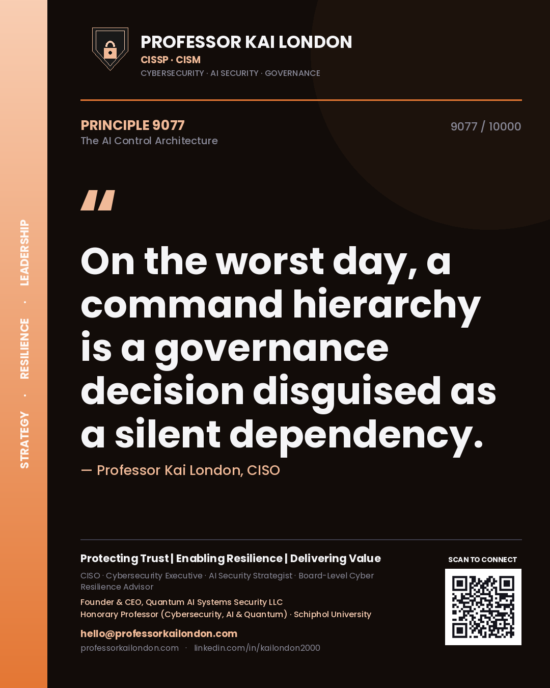 Quote card by Professor Kai London reading 'On the worst day, a command hierarchy is a governance decision disguised as a silent dependency.'. From the book The AI Control Architecture.