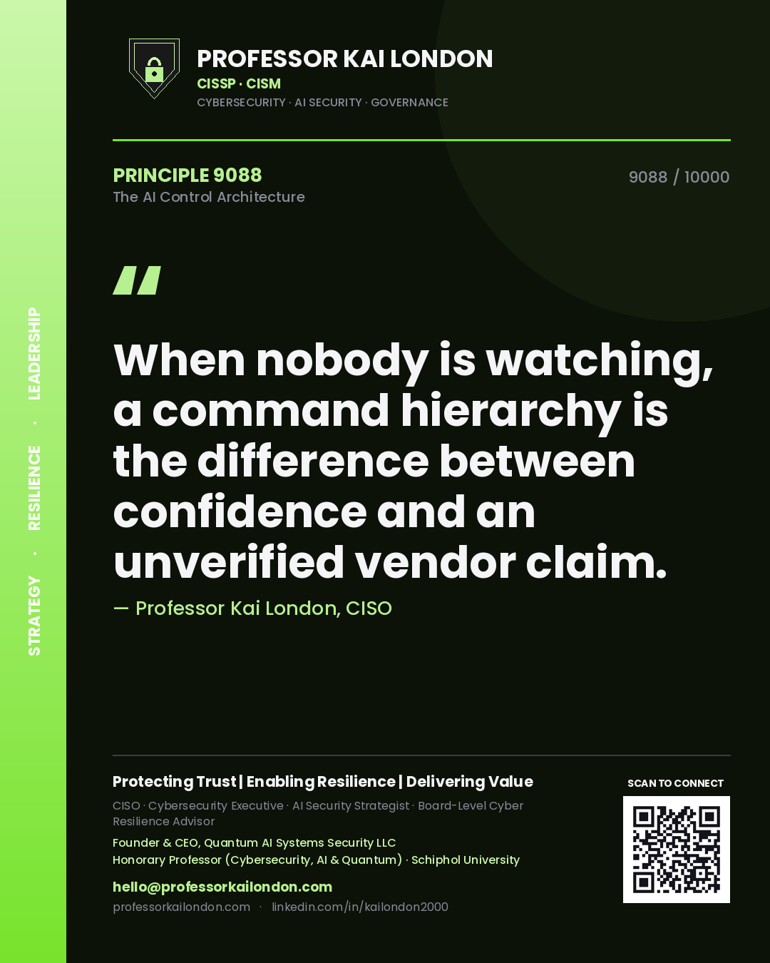 Quote card by Professor Kai London reading 'When nobody is watching, a command hierarchy is the difference between confidence and an unverified vendor claim.'. From the book The AI Control Architecture.