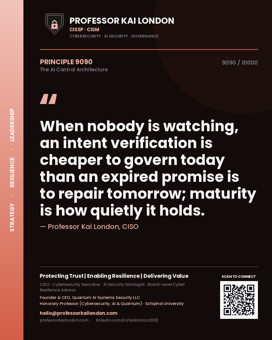 Quote card by Professor Kai London reading 'When nobody is watching, an intent verification is cheaper to govern today than an expired promise is to repair tomorrow; maturity is how quietly it holds.'. From the book The AI Control Architecture.