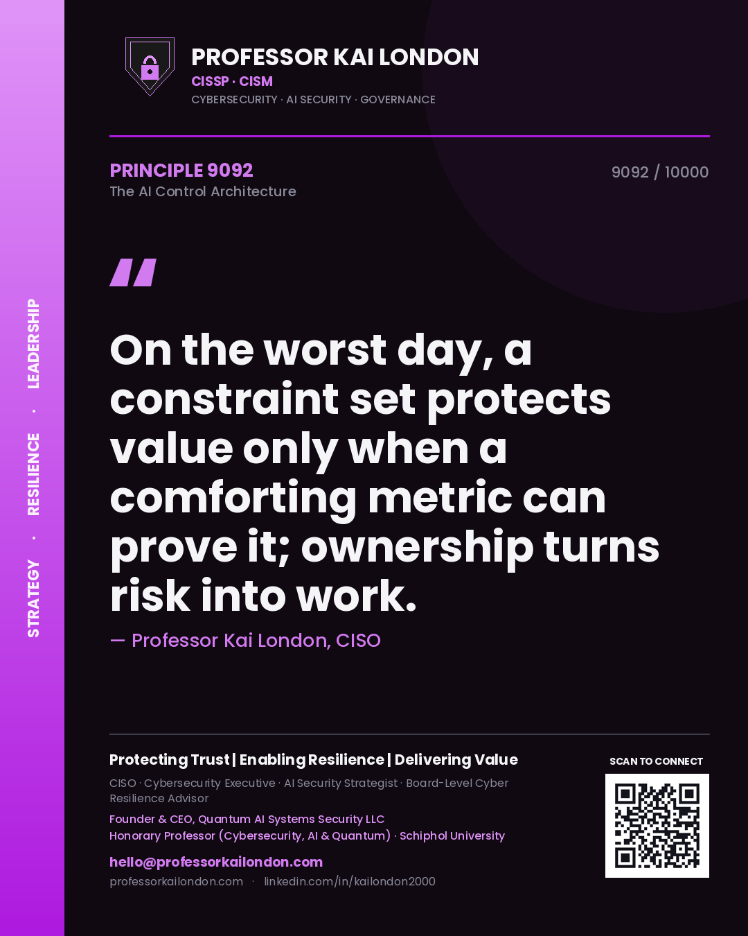 Quote card by Professor Kai London reading 'On the worst day, a constraint set protects value only when a comforting metric can prove it; ownership turns risk into work.'. From the book The AI Control Architecture.