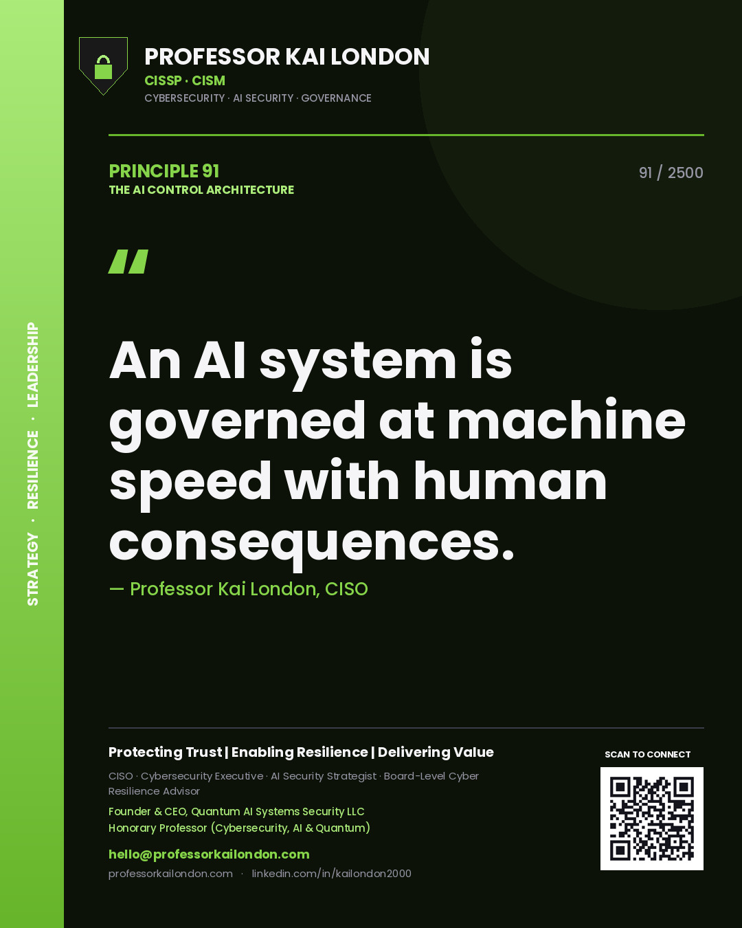 Professor Kai London principle 91: An AI system is governed at machine speed with human consequences.