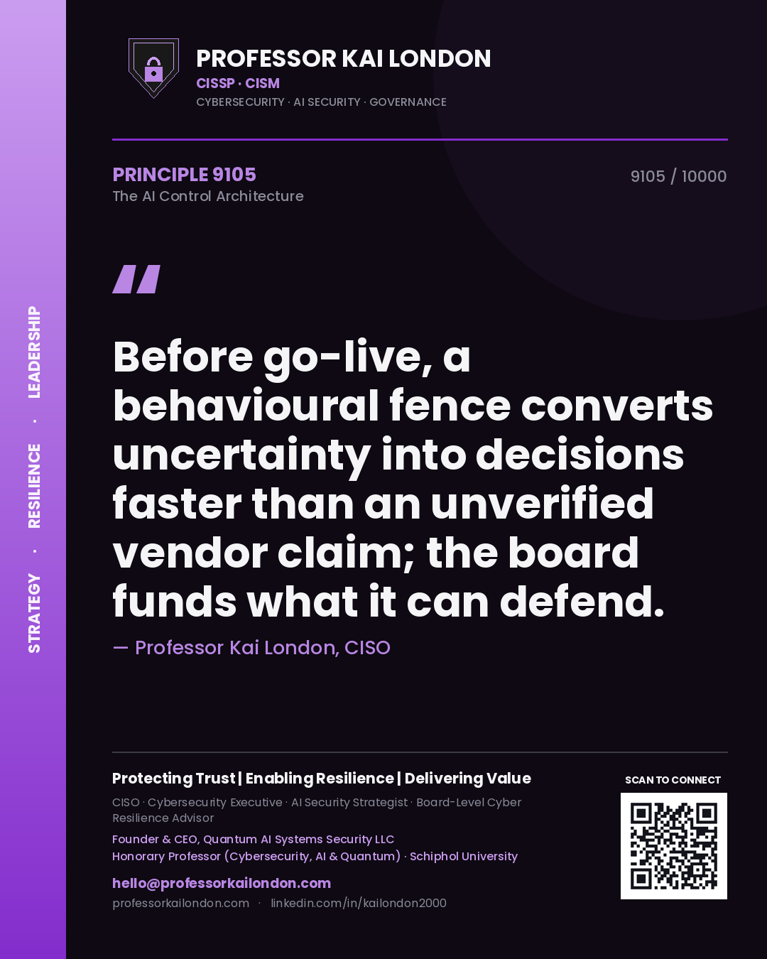 Quote card by Professor Kai London reading 'Before go-live, a behavioural fence converts uncertainty into decisions faster than an unverified vendor claim; the board funds what it can defend.'. From the book The AI Control Architecture.