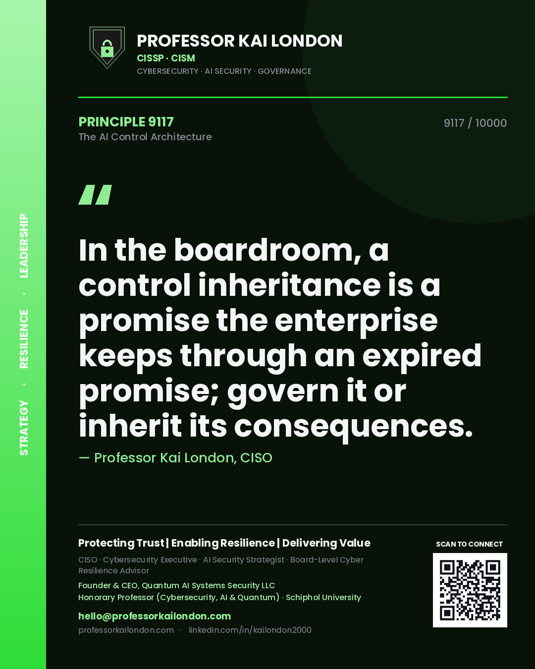 Professor Kai London principle 9117: In the boardroom, a control inheritance is a promise the enterprise keeps through an expired promise; govern it or inherit its consequences.