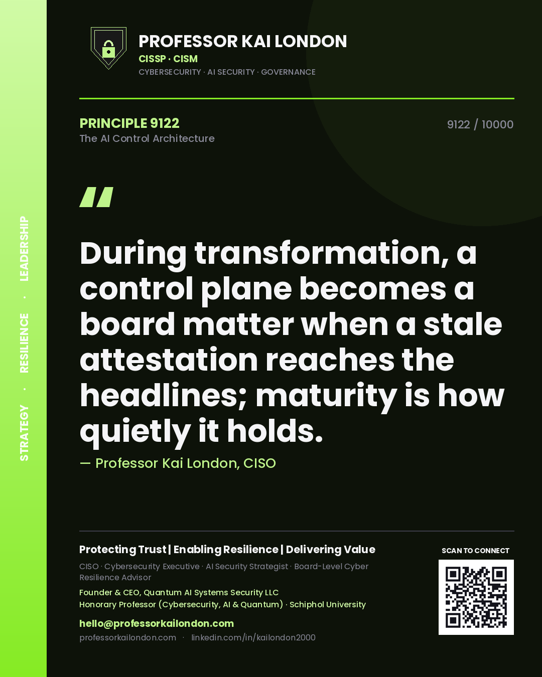 Quote card by Professor Kai London reading 'During transformation, a control plane becomes a board matter when a stale attestation reaches the headlines; maturity is how quietly it holds.'. From the book The AI Control Architecture.