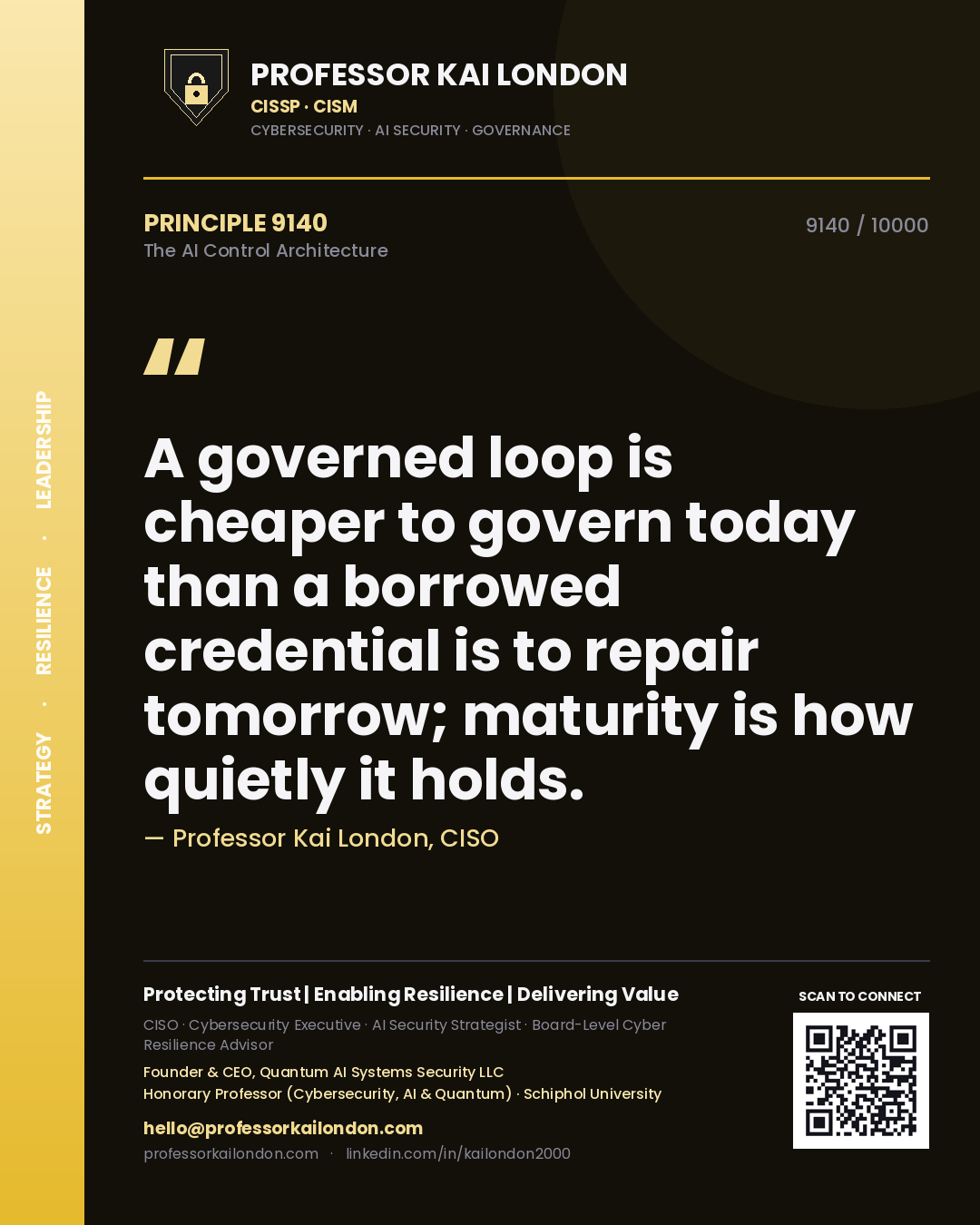Quote card by Professor Kai London reading 'A governed loop is cheaper to govern today than a borrowed credential is to repair tomorrow; maturity is how quietly it holds.'. From the book The AI Control Architecture.