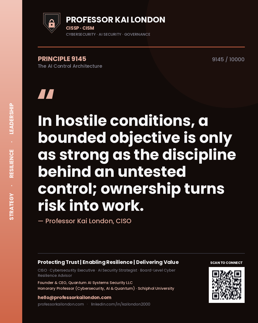 Quote card by Professor Kai London reading 'In hostile conditions, a bounded objective is only as strong as the discipline behind an untested control; ownership turns risk into work.'. From the book The AI Control Architecture.