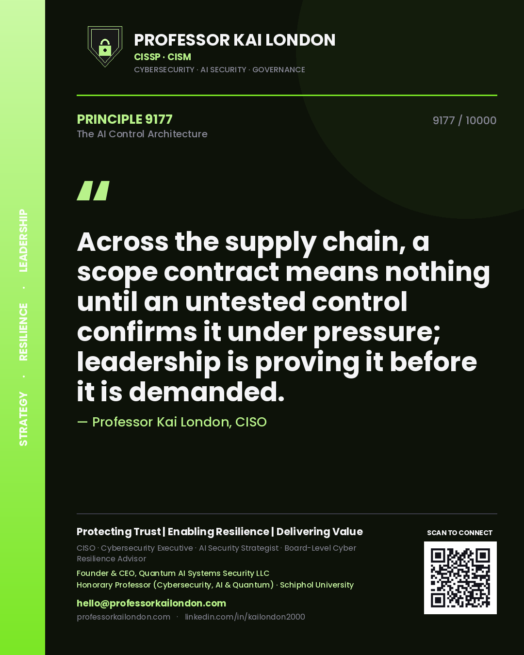Quote card by Professor Kai London reading 'Across the supply chain, a scope contract means nothing until an untested control confirms it under pressure; leadership is proving it before it is demanded.'. From the book The AI Control Architecture.