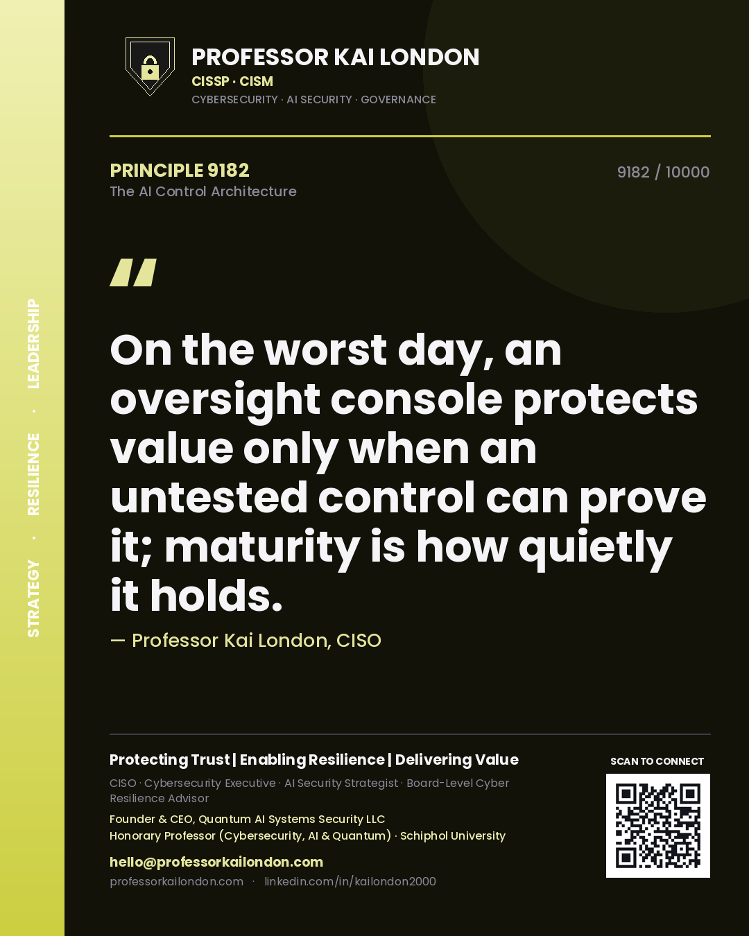 Quote card by Professor Kai London reading 'On the worst day, an oversight console protects value only when an untested control can prove it; maturity is how quietly it holds.'. From the book The AI Control Architecture.