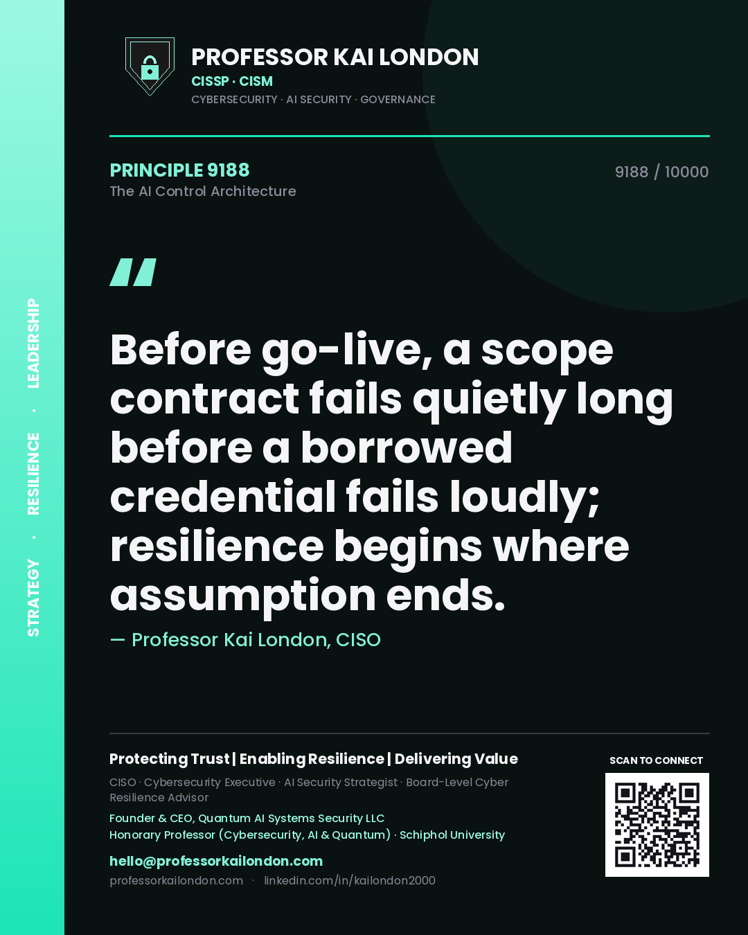 Quote card by Professor Kai London reading 'Before go-live, a scope contract fails quietly long before a borrowed credential fails loudly; resilience begins where assumption ends.'. From the book The AI Control Architecture.