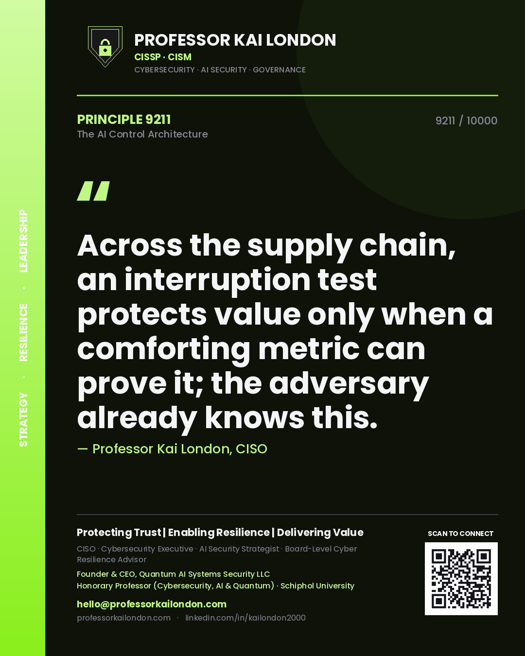 Professor Kai London principle 9211: Across the supply chain, an interruption test protects value only when a comforting metric can prove it; the adversary already knows this.