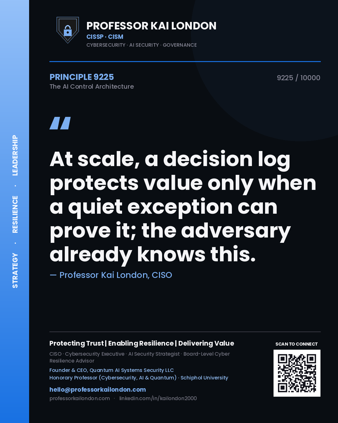Professor Kai London principle 9225: At scale, a decision log protects value only when a quiet exception can prove it; the adversary already knows this.