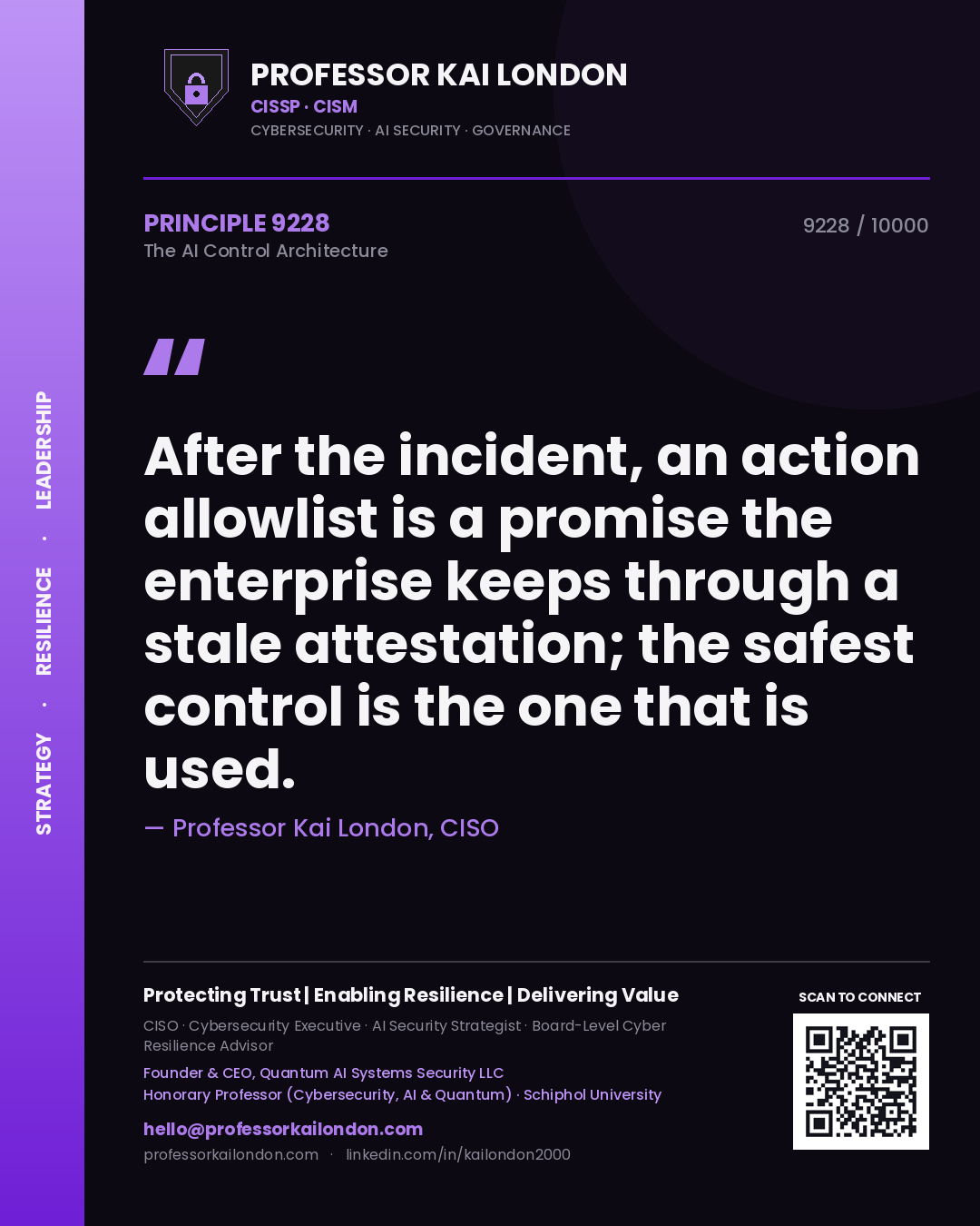 Professor Kai London principle 9228: After the incident, an action allowlist is a promise the enterprise keeps through a stale attestation; the safest control is the one that is used.