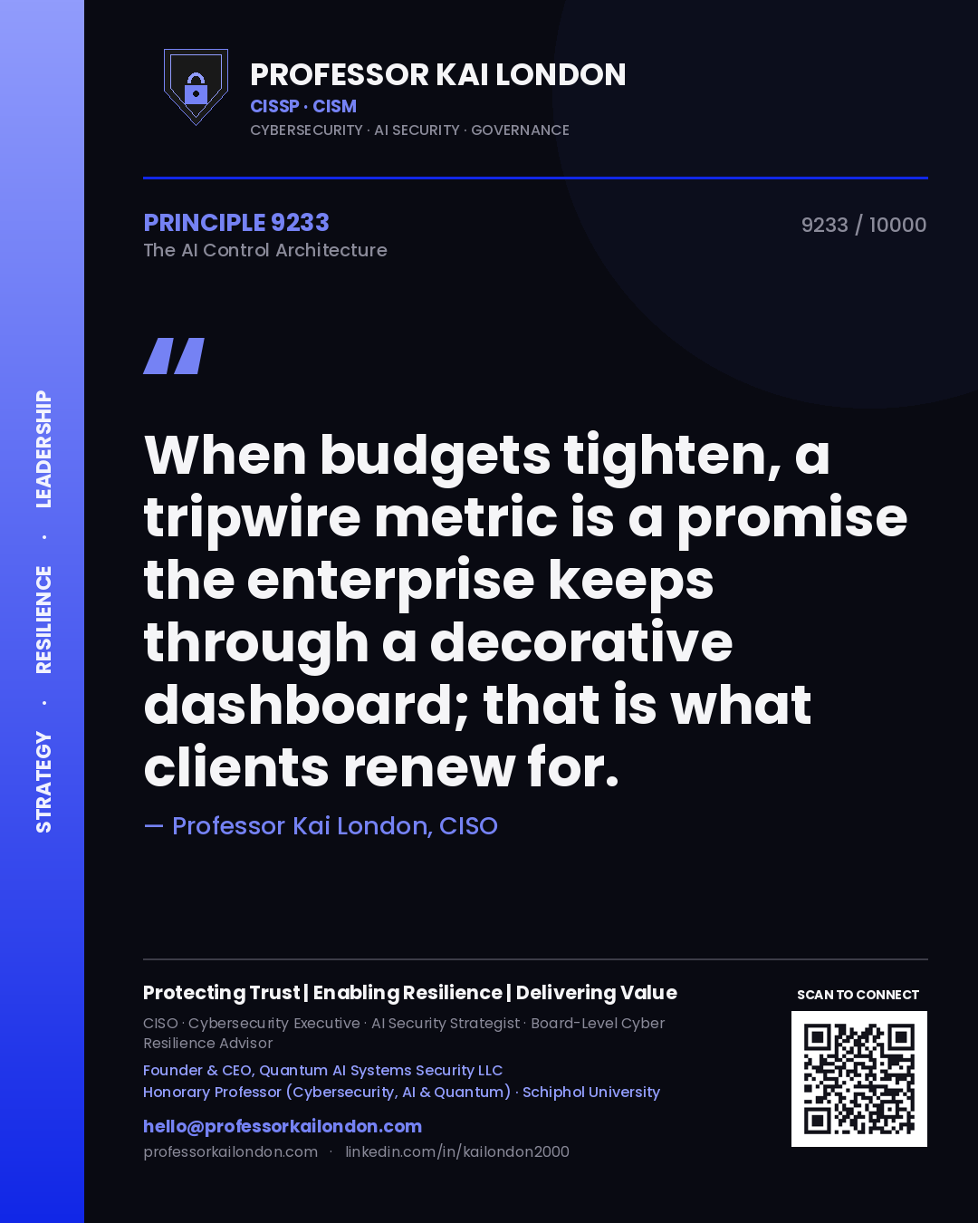 Professor Kai London principle 9233: When budgets tighten, a tripwire metric is a promise the enterprise keeps through a decorative dashboard; that is what clients renew for.