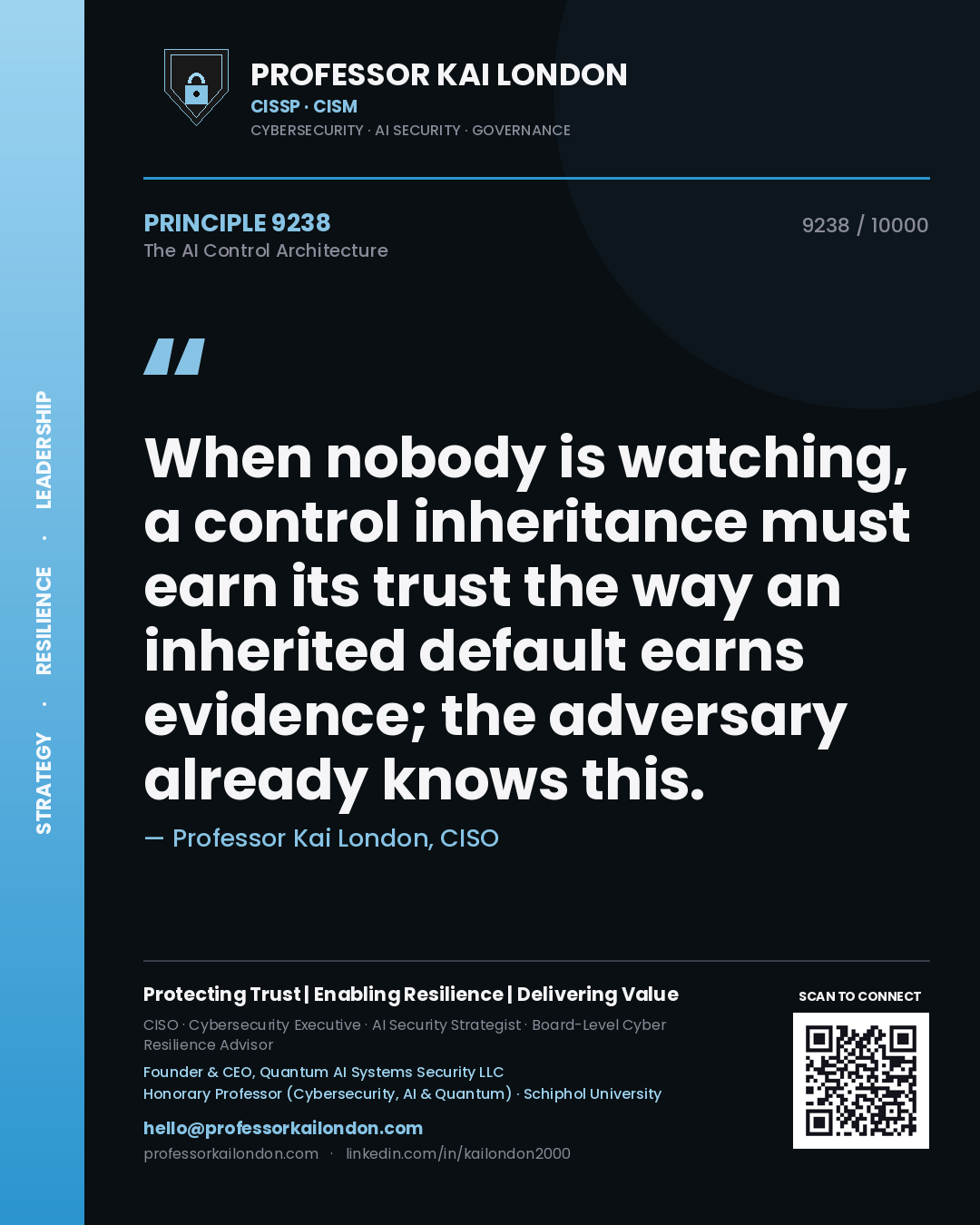 Professor Kai London principle 9238: When nobody is watching, a control inheritance must earn its trust the way an inherited default earns evidence; the adversary already knows this.