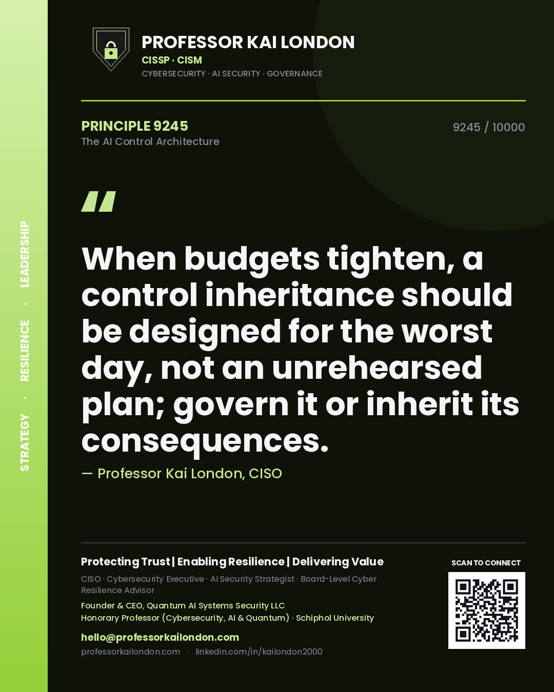 Quote card by Professor Kai London reading 'When budgets tighten, a control inheritance should be designed for the worst day, not an unrehearsed plan; govern it or inherit its consequences.'. From the book The AI Control Architecture.