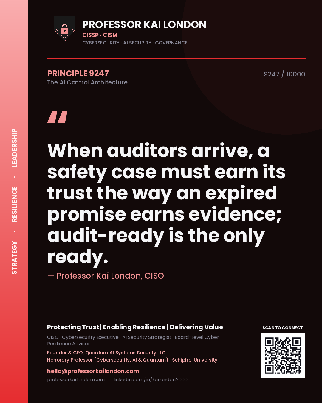 Quote card by Professor Kai London reading 'When auditors arrive, a safety case must earn its trust the way an expired promise earns evidence; audit-ready is the only ready.'. From the book The AI Control Architecture.