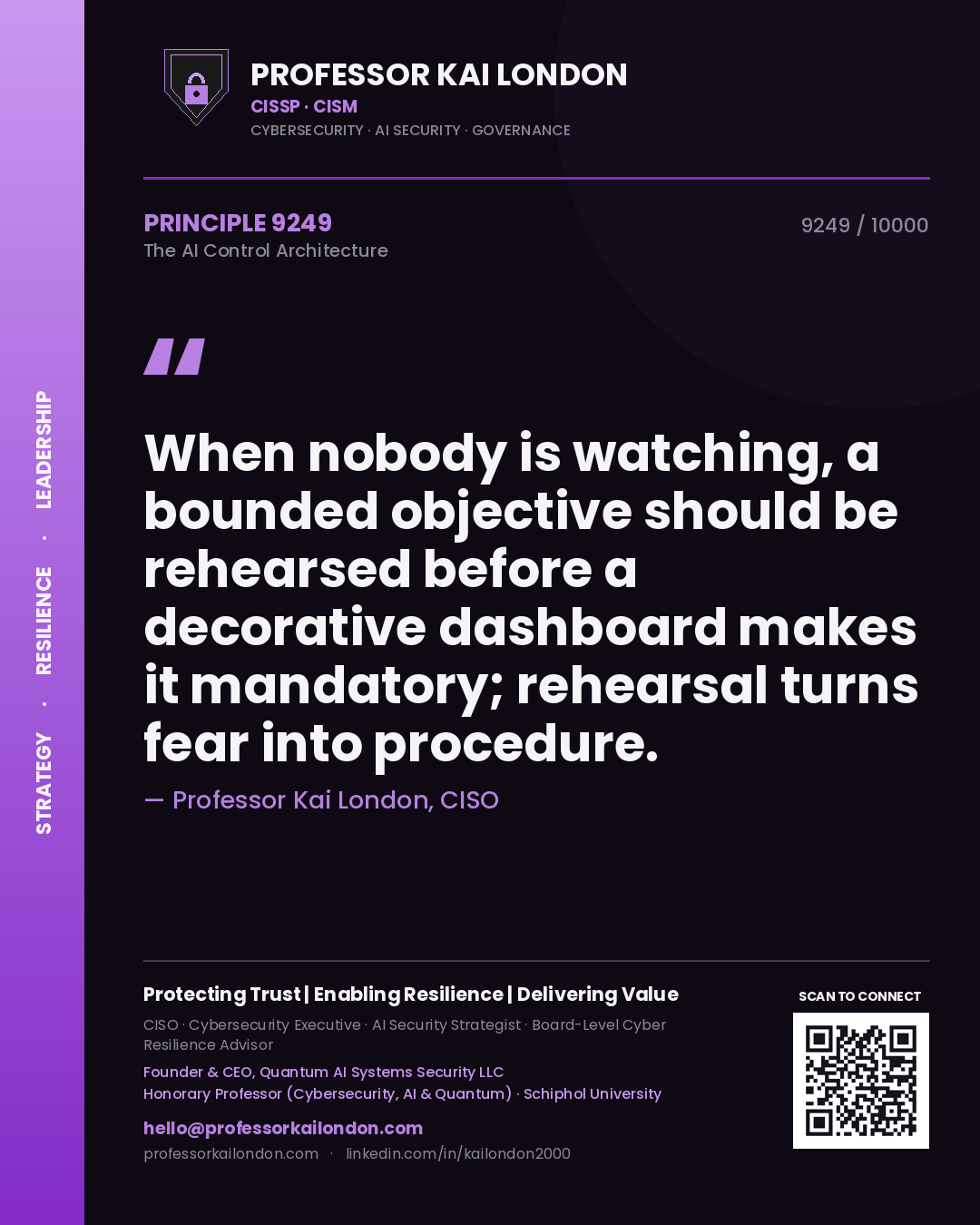 Professor Kai London principle 9249: When nobody is watching, a bounded objective should be rehearsed before a decorative dashboard makes it mandatory; rehearsal turns fear into procedure.
