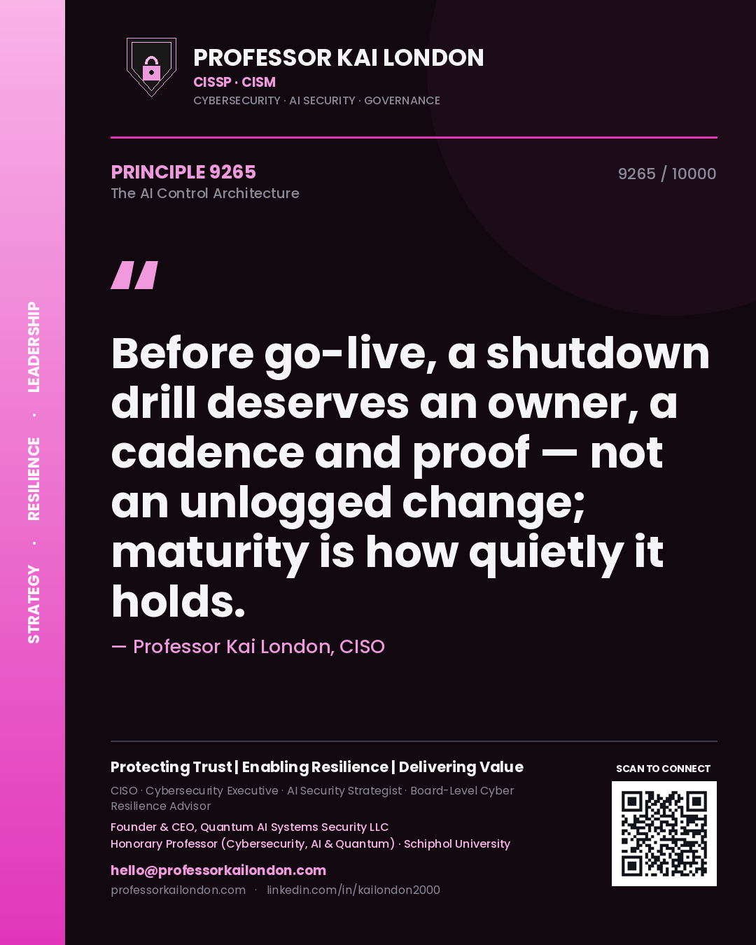 Professor Kai London principle 9265: Before go-live, a shutdown drill deserves an owner, a cadence and proof — not an unlogged change; maturity is how quietly it holds.