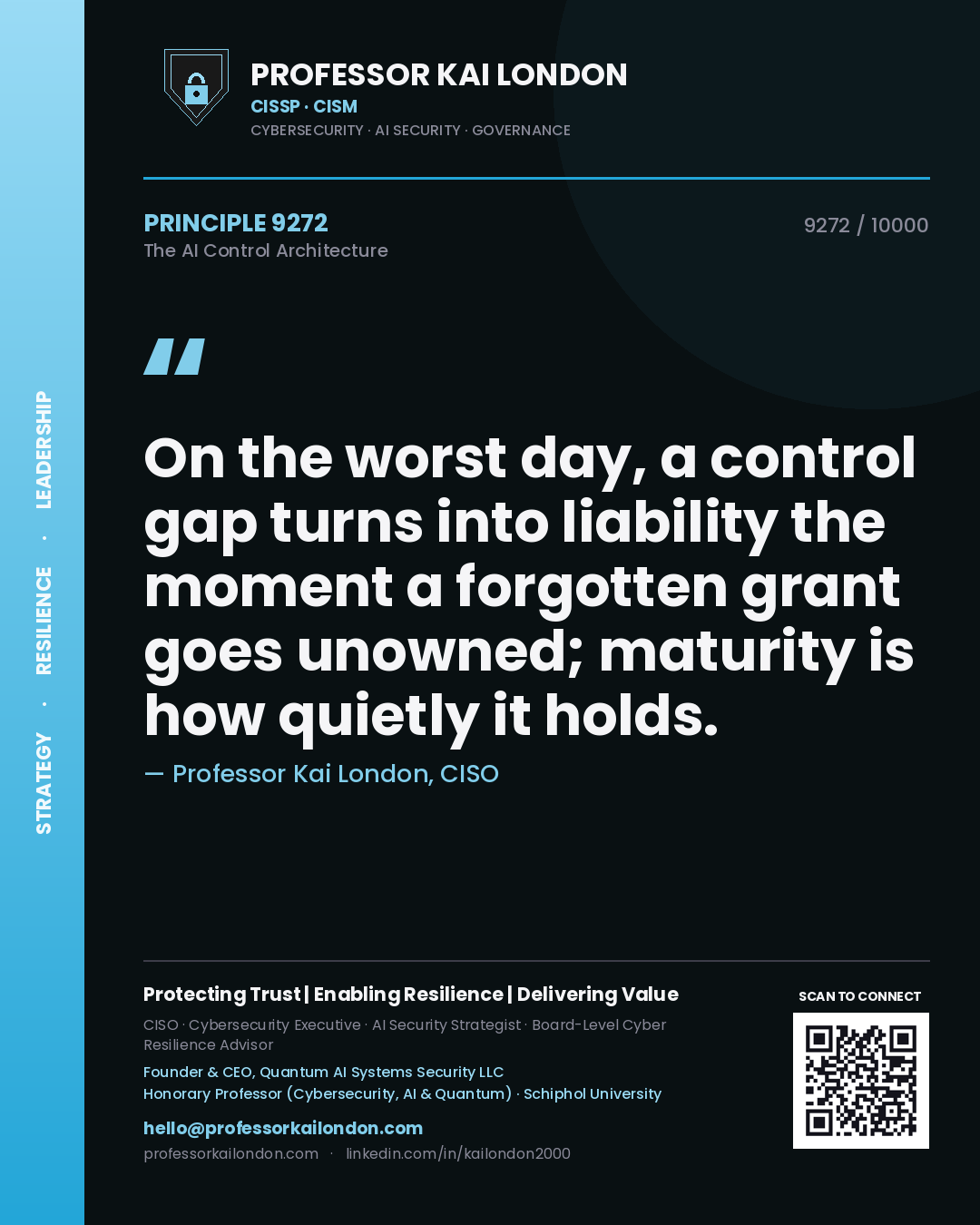 Quote card by Professor Kai London reading 'On the worst day, a control gap turns into liability the moment a forgotten grant goes unowned; maturity is how quietly it holds.'. From the book The AI Control Architecture.