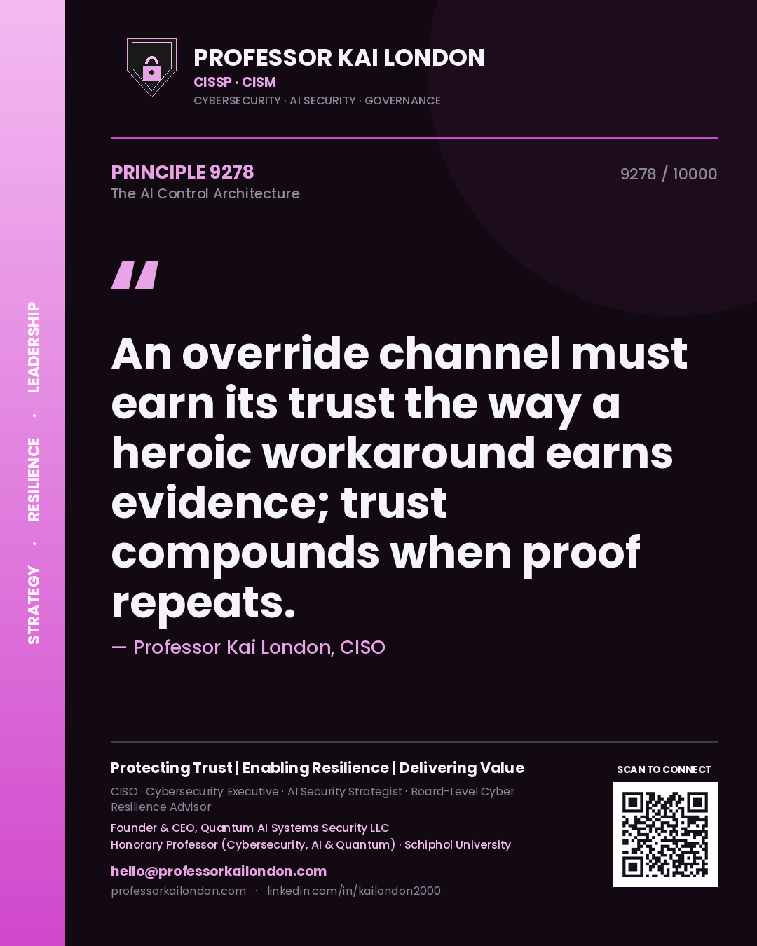 Quote card by Professor Kai London reading 'An override channel must earn its trust the way a heroic workaround earns evidence; trust compounds when proof repeats.'. From the book The AI Control Architecture.