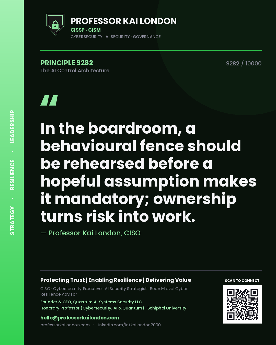 Professor Kai London principle 9282: In the boardroom, a behavioural fence should be rehearsed before a hopeful assumption makes it mandatory; ownership turns risk into work.