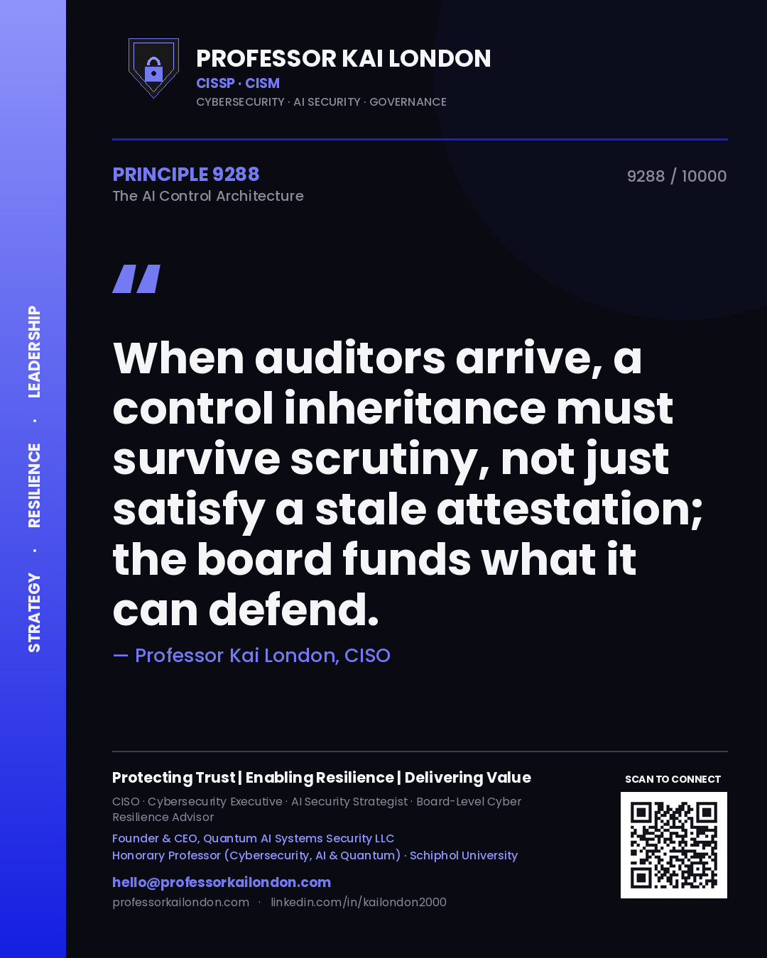 Quote card by Professor Kai London reading 'When auditors arrive, a control inheritance must survive scrutiny, not just satisfy a stale attestation; the board funds what it can defend.'. From the book The AI Control Architecture.