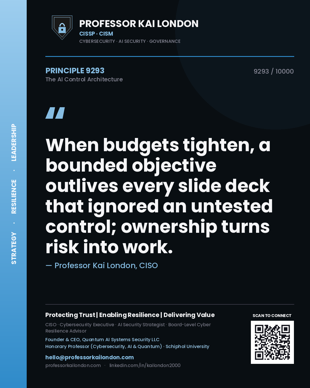 Professor Kai London principle 9293: When budgets tighten, a bounded objective outlives every slide deck that ignored an untested control; ownership turns risk into work.