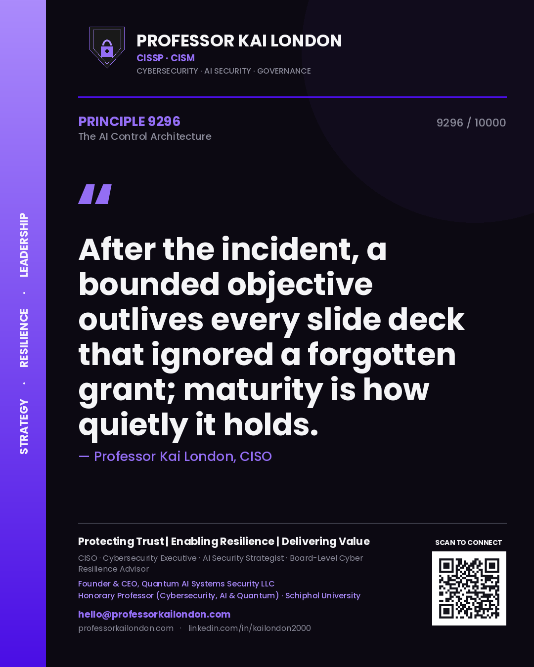Professor Kai London principle 9296: After the incident, a bounded objective outlives every slide deck that ignored a forgotten grant; maturity is how quietly it holds.